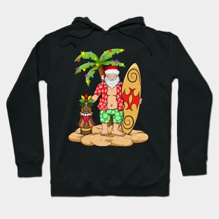 Hawaiian Christmas Santa with Surfboard and Tiki Hoodie